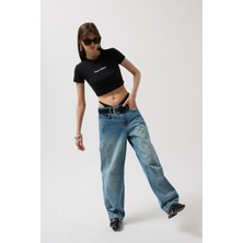 Dikiş Detay Wide Leg Mavi Jean