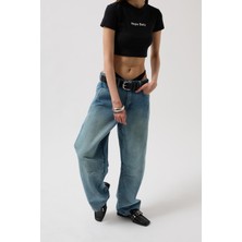 Dikiş Detay Wide Leg Mavi Jean