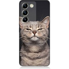 Teknomeg Vivo V30 Lite Uyumlu Gri Kedi  Desenli Silikon Kılıf