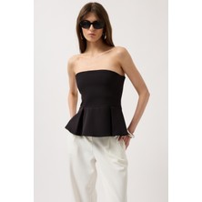 Pileli Straplez Siyah Bluz