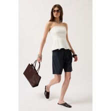 Pileli Straplez Beyaz Bluz