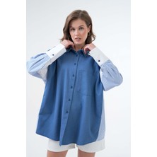 Kadın Mavi Kot ve Çizgili Kumaş Garnili Oversize Tasarım Gömlek 29068