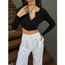 Kadın Siyah %100 Pamuk Açık Yaka Düğmeli Fitilli Örme Bluz 29125