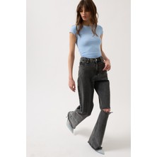 Lazer Kesim Wide Leg Siyah Jean