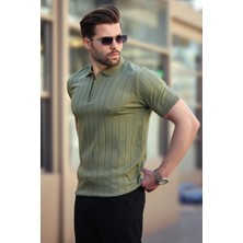Madmext Haki Polo Yaka Fermuarlı Erkek T-Shirt E7298