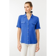 Kadın Göğsü Cepli Penye Gömlek Indigo