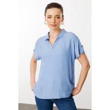 Desen Triko Kadın Polo Yaka Düşük Kollu Gömlek Mavi
