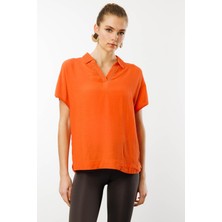 Desen Triko Kadın Polo Yaka Düşük Kollu Gömlek Oranj