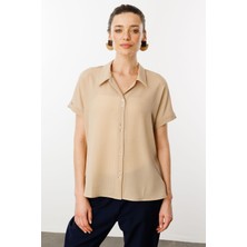 Desen Triko Kadın Krep Kumaş Simli Gömlek Vizon