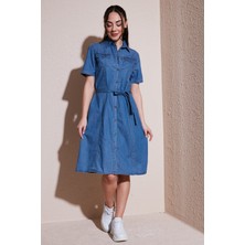 Fashion Friends % 100 Pamuk Standart Fit Kısa Kollu Mini Boy Denim Elbise Bayan Elbise 25Y0108K1