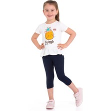 Bisiklet Yaka Kısa Kol Ananas Baskılı Ekru Renk Kız Çocuk Taytlı Takım