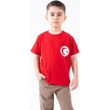 Erkek Çocuk Türk Bayrak Göğüs Arma Baskılı Kırmızı Tshirt