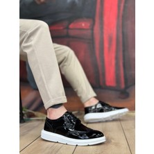 ET0003 Bağcıklı Klasik  Siyah Beyaz Taban Rugan Yüksek Taban Casual Erkek Ayakkabı