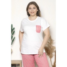Büyük Beden Nar Çiçeği Renkli Çizgili Kısa Kollu Battal Pijama Takımı B-21