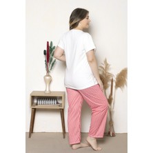 Büyük Beden Nar Çiçeği Renkli Çizgili Kısa Kollu Battal Pijama Takımı B-21