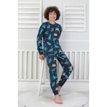 Erkek Çocuk Dinozor Desenli Pijama Takımı %100 Pamuk Penye 3-13 Yaş Uzun Kollu