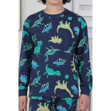 Erkek Çocuk Dinozor Desenli Pijama Takımı %100 Pamuk Penye 3-13 Yaş Uzun Kollu