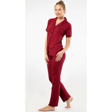 Kadın Bordo Kısa Kollu Pamuklu Düğmeli Pijama