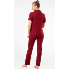 Kadın Bordo Kısa Kollu Pamuklu Düğmeli Pijama