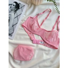Pudra Açık Pembe Tül Balenli Sütyen & Tanga Iç Çamaşır Takım- Seksii-Fantezii
