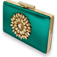 Yeşil Renk Saten Kristal Taşlı Abiye Çanta Gece Çantası Kına Gelin Mezuniyet Çantası Clutch