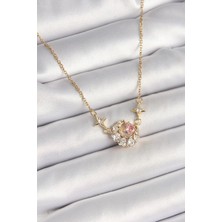 Yeni Xd Çelik Gold Renk Zirkon Taşlı Hilal Pembe Kalp Model Kadın Kolye Kampanyalı