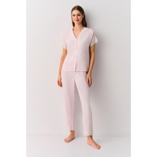 Suwen Pink Line Gömlek Yaka Pijama Takımı