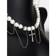 18 Ayar Altın Kaplama Sedef Doğal Taşlı Haç Püskül Zincir Parti Özel Tasarım  Gümüş Kadın Kolye