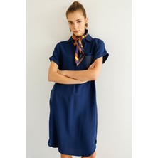 Kadın Polo Yaka Cebi Zincir Detaylı Elbise Lacivert
