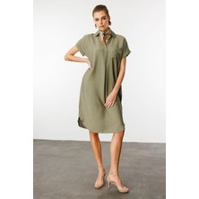 Kadın Polo Yaka Cebi Zincir Detaylı Elbise Haki