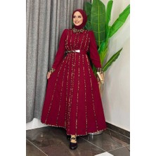 Leopar Biyeli Kemerli Elbise 3930 Bordo