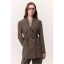 Tencel Kemerli Kruvaze Blazer Ceket Kahverengi