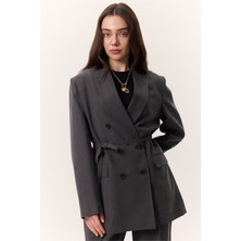 Tencel Kemerli Kruvaze Blazer Ceket Antrasit