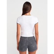 Dilvin 31750 Kontrast Kısa Kollu Tshirt-Beyaz