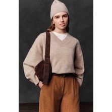 Düz Örgü V Yaka Triko Kazak Bej