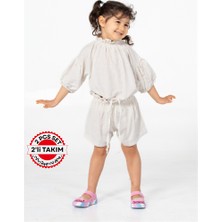 Ekru Keten Kız Şort + Tunik Takım
