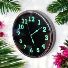 Fosforlu Gümüş Renkli Metal Çerçeveli Duvar Saati Çap 30  cm