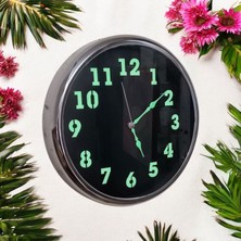 Fosforlu Gümüş Renkli Metal Çerçeveli Duvar Saati Çap 30  cm