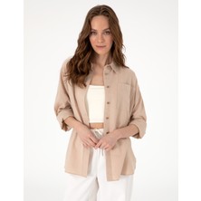 Pierre Cardin Kadın Bej Oversize Keten Karışımlı Uzun Kollu Gömlek 50313128-VR011