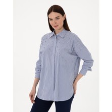 Pierre Cardin Kadın Mavi Çizgili Oversize Uzun Kollu Gömlek 50301125-VR036