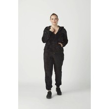 1927 Siyah Tam Kalıp Tarz Kapüşonlu Kadife Büyük Beden Eşofman Takımı