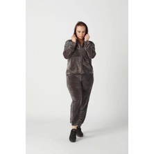 1927 Gri Tam Kalıp Tarz Kapüşonlu Kadife Büyük Beden Eşofman Takımı