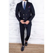 Paco Romano Erkek Slim Fit Sivri Yaka Kruvaze Koyu Lacivert Takım Elbise