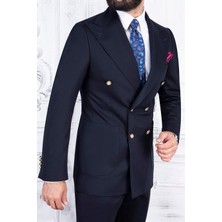 Paco Romano Erkek Slim Fit Sivri Yaka Kruvaze Koyu Lacivert Takım Elbise