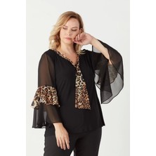 4039 Leopar Desenli Volan Kollu Büyük Beden Bluz Siyah