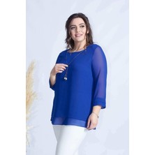 1934 Kolyeli Şifon Büyük Beden Şık Bluz Saks