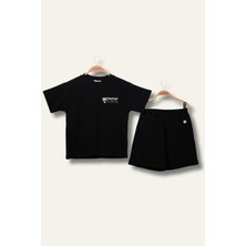 Erkek Çoçuk Sörf Baskılı T-Shirt Kısa Şort Takım - Siyah