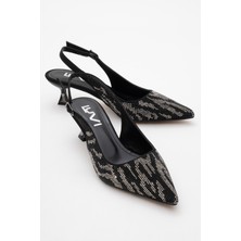 Ushes Siyah Saten Taşlı Kadın Kısa Topuklu Abiye Ayakkabı