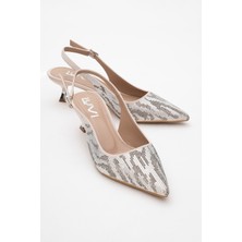 Ushes Bej Saten Taşlı Kadın Kısa Topuklu Abiye Ayakkabı