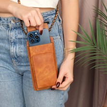 Lovell Hakiki Deri Telefon Bölmeli Kadın Askılı Çanta - Kartlıklı Telefon Cüzdanı - Antik Taba